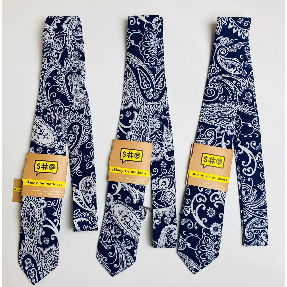 Set of 3 Skinny Tie Madness Tie For Men Mister Paisley Piper Color Navy, (NEW)